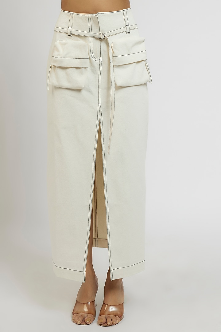 White Denim Cotton Cargo Skirt by Dhruv Kapoor at Pernia's Pop Up Shop