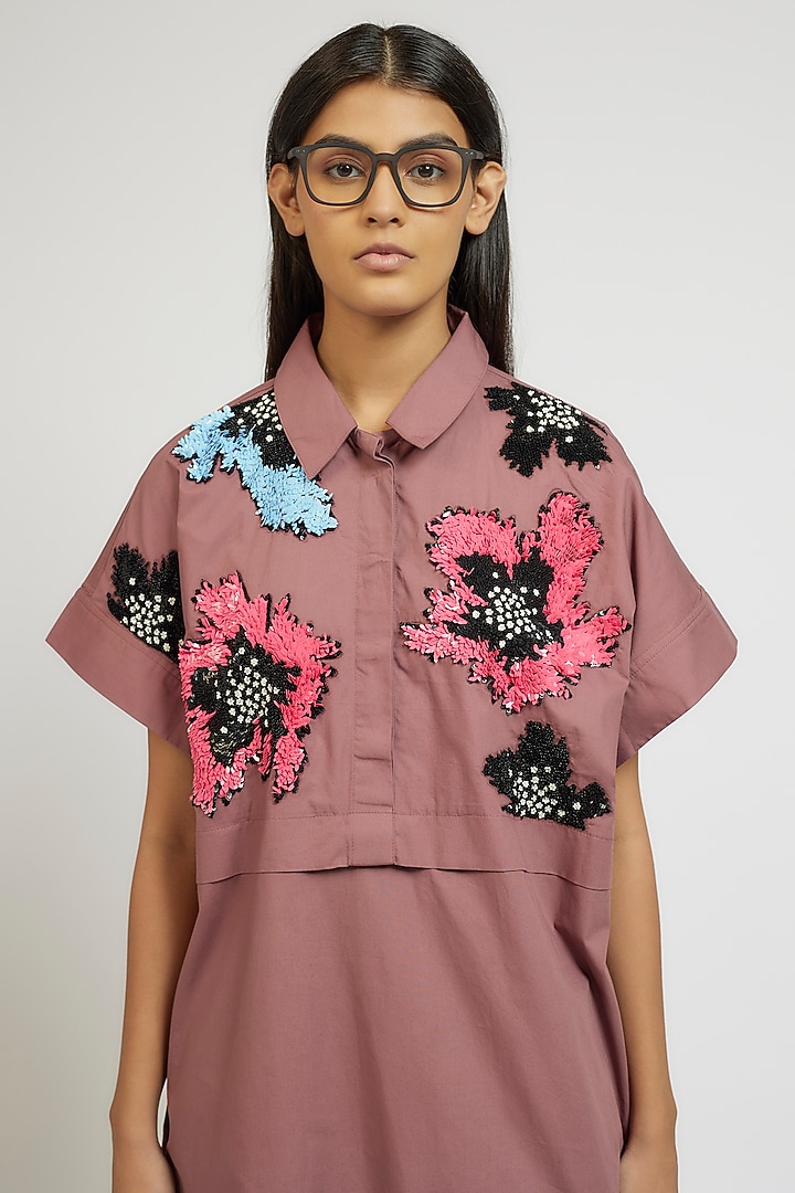 Pink Cotton Hand Embroidered Handcrafted Vacation Shirt Dress by Dhruv Kapoor at Pernia's Pop Up Shop