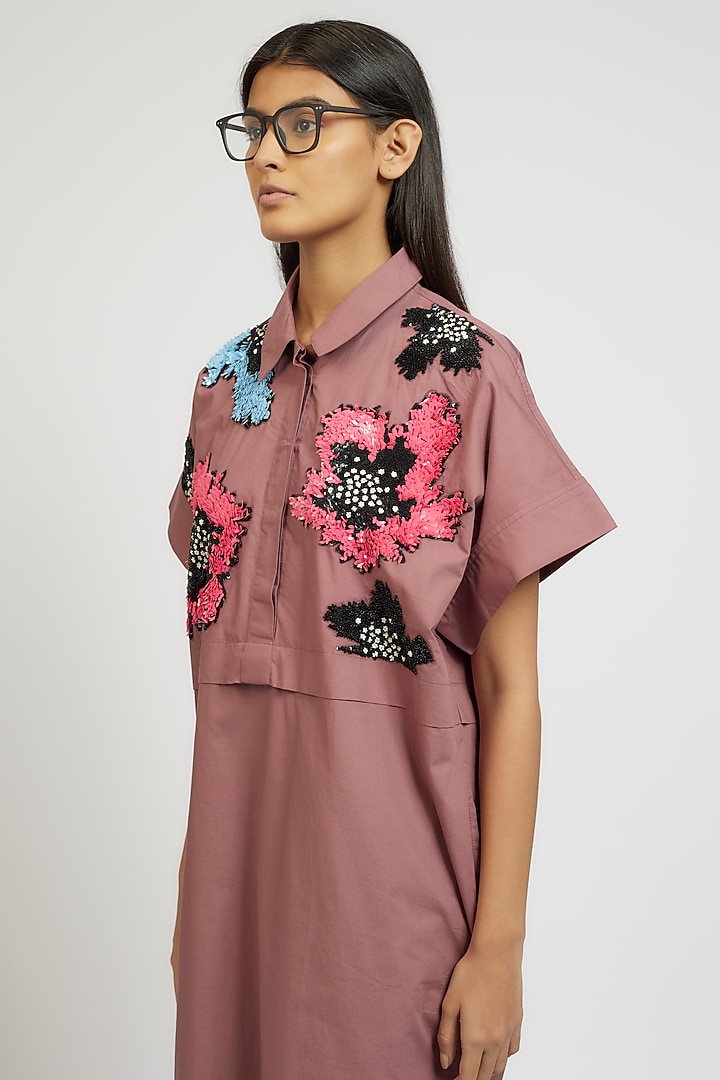 Pink Cotton Hand Embroidered Handcrafted Vacation Shirt Dress by Dhruv Kapoor at Pernia's Pop Up Shop