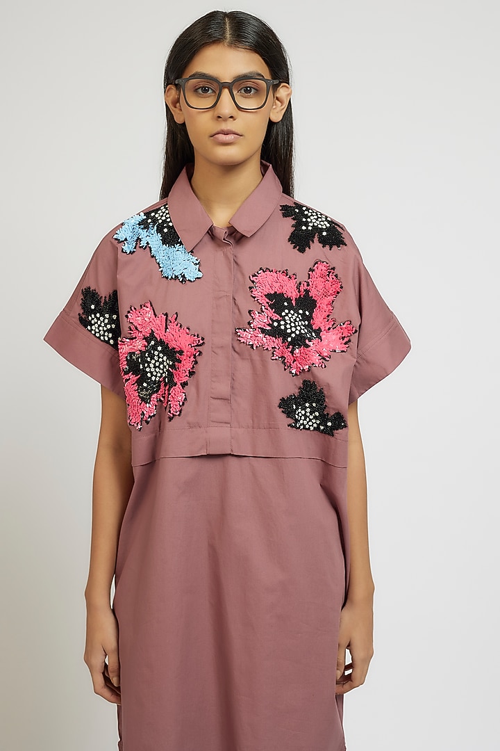 Pink Cotton Hand Embroidered Handcrafted Vacation Shirt Dress by Dhruv Kapoor at Pernia's Pop Up Shop