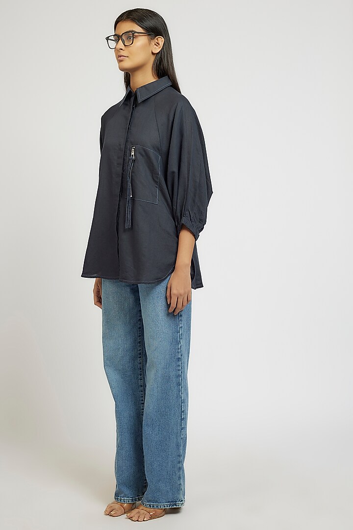 Blue Linen Cotton Oversized Shirt by Dhruv Kapoor at Pernia's Pop Up Shop