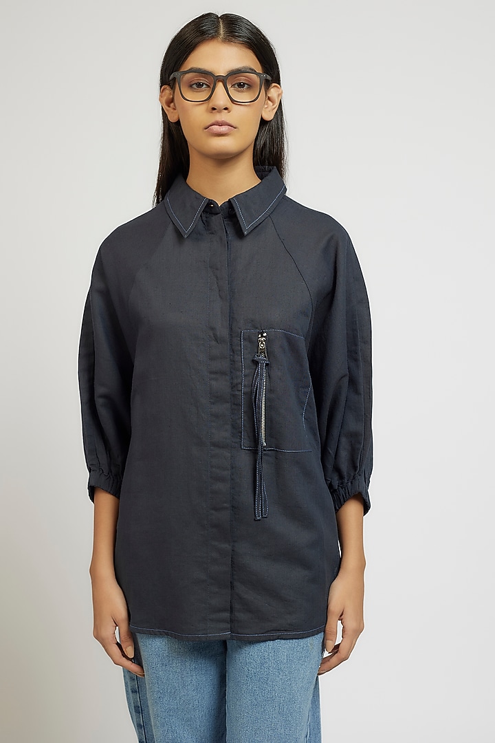 Blue Linen Cotton Oversized Shirt by Dhruv Kapoor at Pernia's Pop Up Shop
