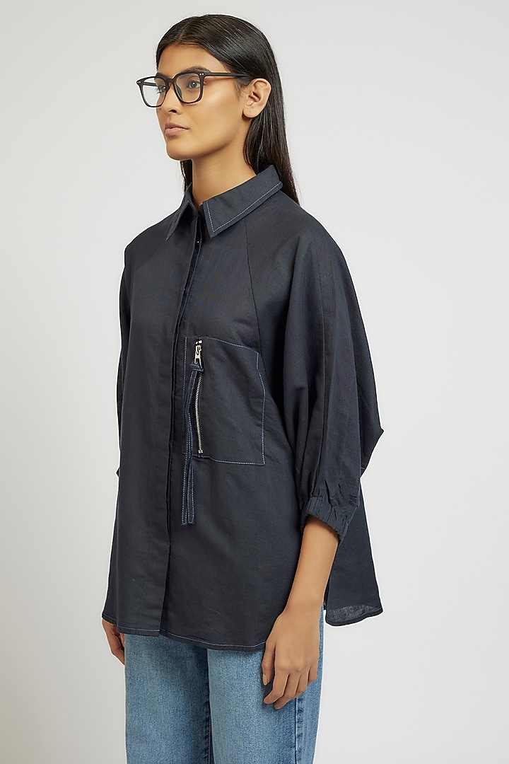 Blue Linen Cotton Oversized Shirt by Dhruv Kapoor at Pernia's Pop Up Shop