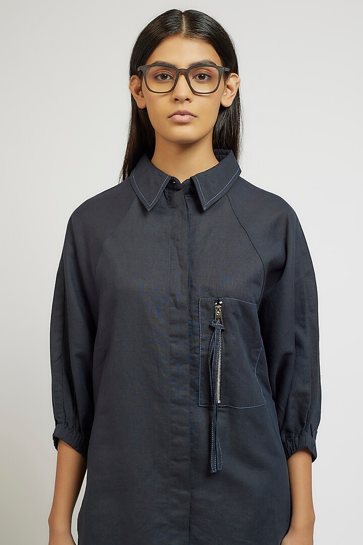 Blue Linen Cotton Oversized Shirt by Dhruv Kapoor at Pernia's Pop Up Shop