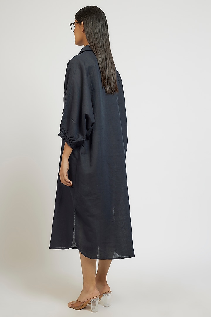 Navy Blue Linen Cotton Oversized Vacation Shirt Dress by Dhruv Kapoor at Pernia's Pop Up Shop