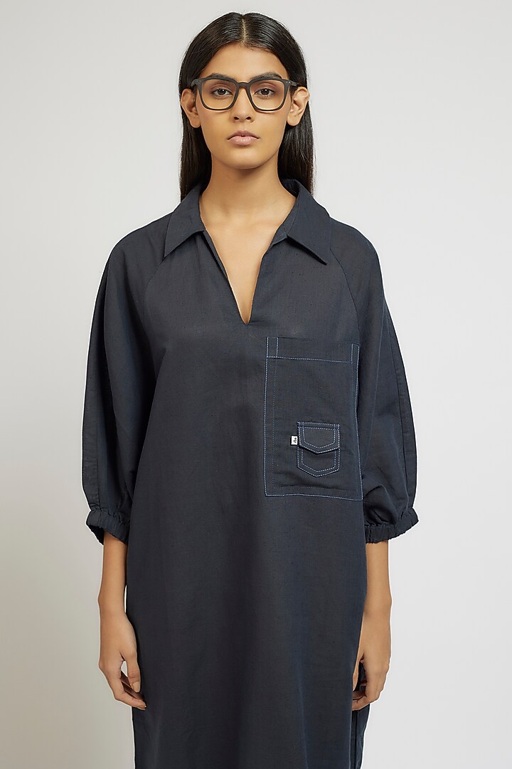 Navy Blue Linen Cotton Oversized Vacation Shirt Dress by Dhruv Kapoor at Pernia's Pop Up Shop