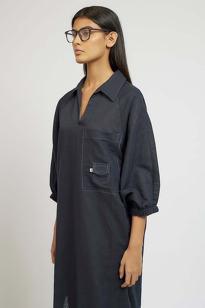 Navy Blue Linen Cotton Oversized Vacation Shirt Dress by Dhruv Kapoor at Pernia's Pop Up Shop
