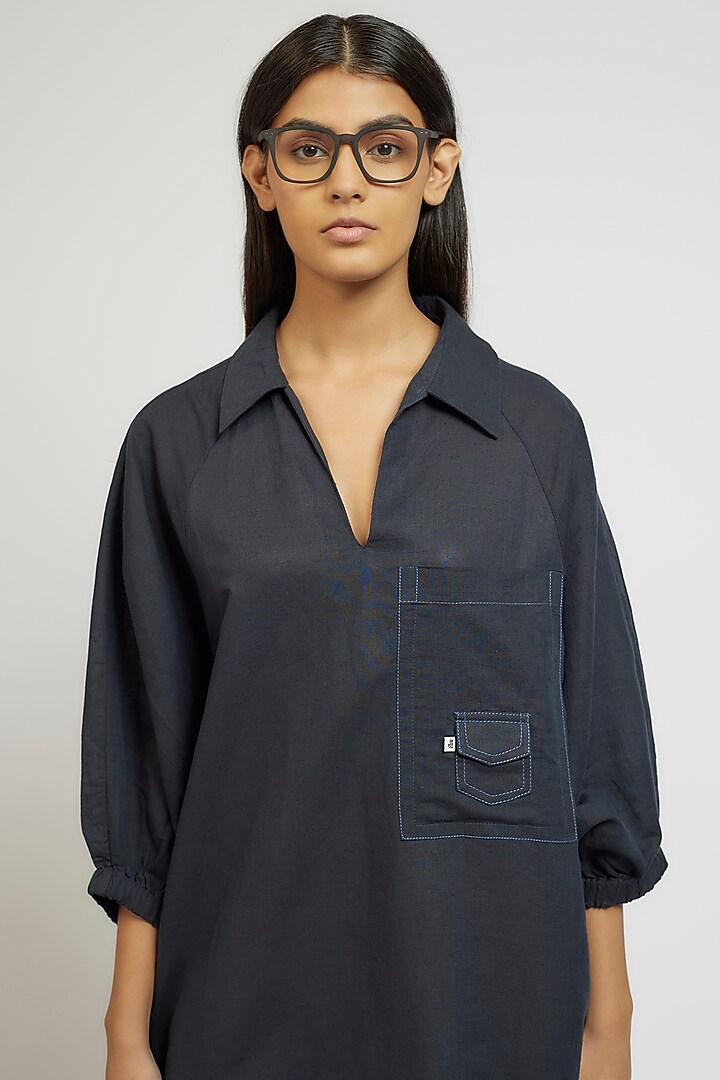 Navy Blue Linen Cotton Oversized Vacation Shirt Dress by Dhruv Kapoor at Pernia's Pop Up Shop