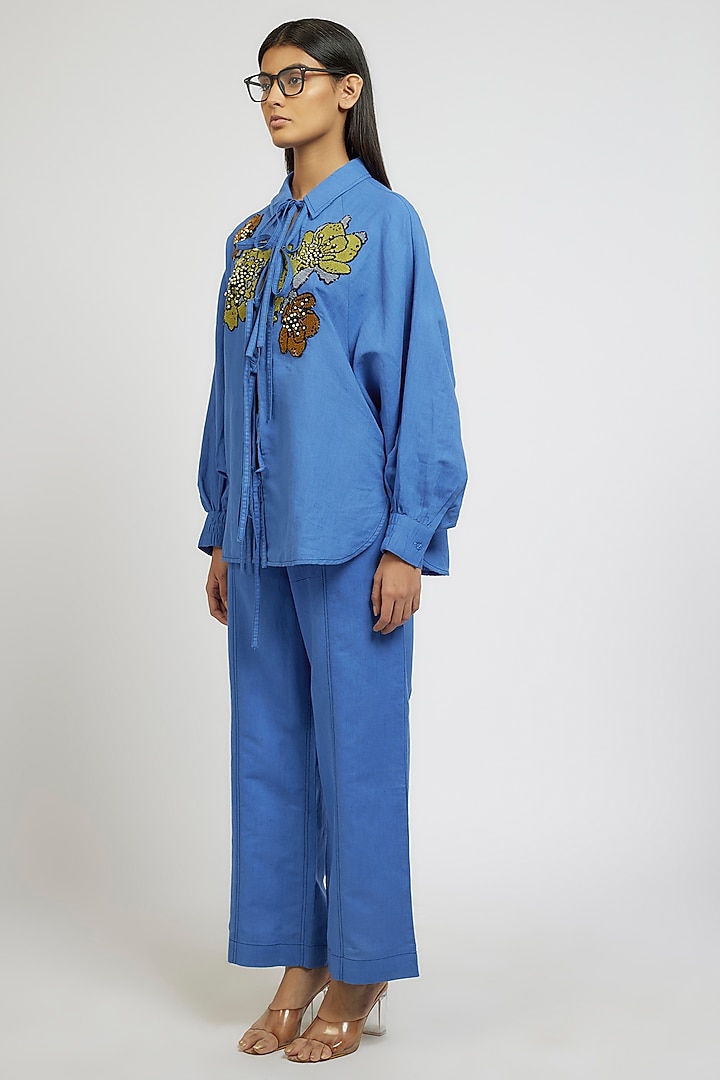Blue Linen Cotton Floral Hand Embroidered Co-Ord Set by Dhruv Kapoor at Pernia's Pop Up Shop