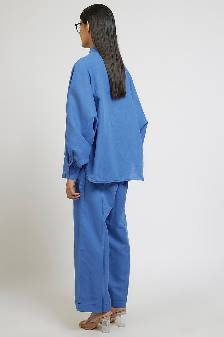 Blue Linen Cotton Floral Hand Embroidered Co-Ord Set by Dhruv Kapoor at Pernia's Pop Up Shop