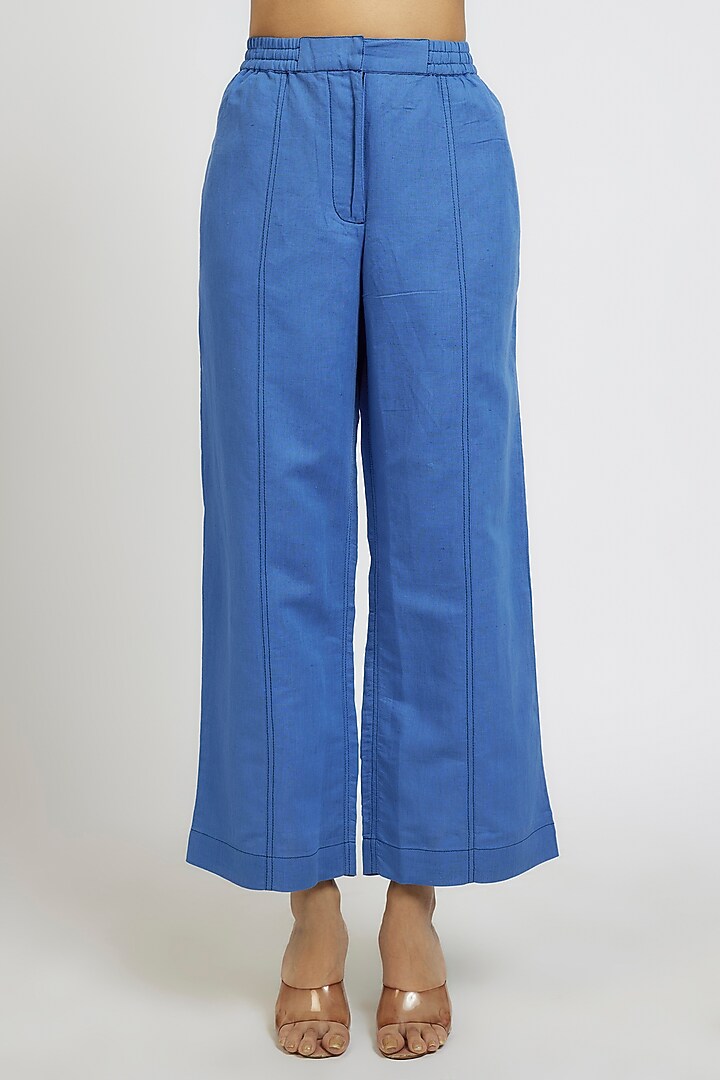 Blue Linen Cotton Floral Hand Embroidered Co-Ord Set by Dhruv Kapoor at Pernia's Pop Up Shop