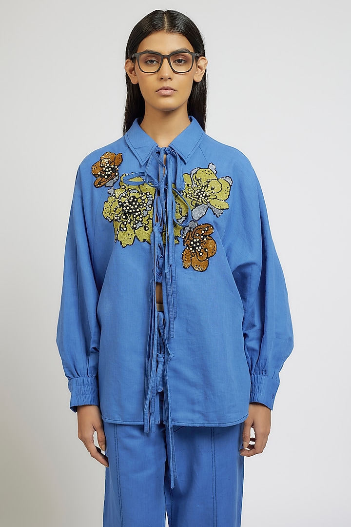 Blue Linen Cotton Floral Hand Embroidered Co-Ord Set by Dhruv Kapoor at Pernia's Pop Up Shop