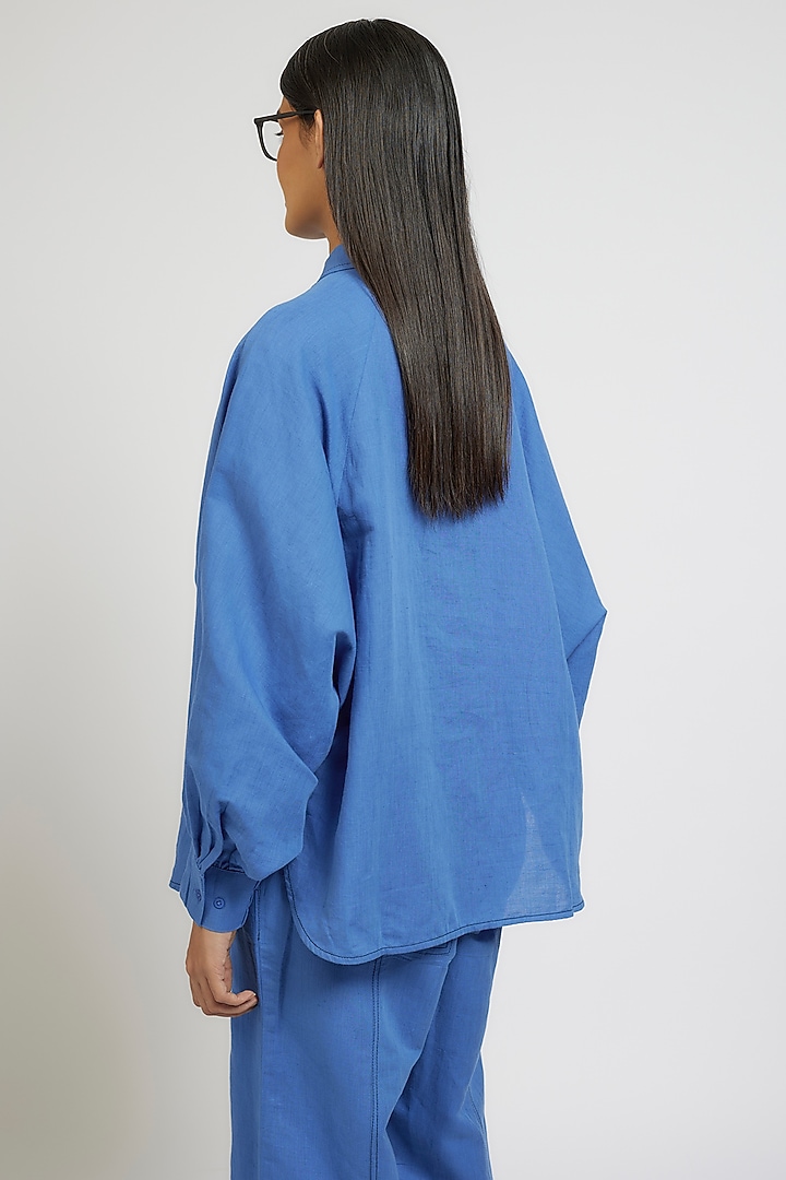 Blue Linen Cotton Floral Hand Embroidered Co-Ord Set by Dhruv Kapoor at Pernia's Pop Up Shop
