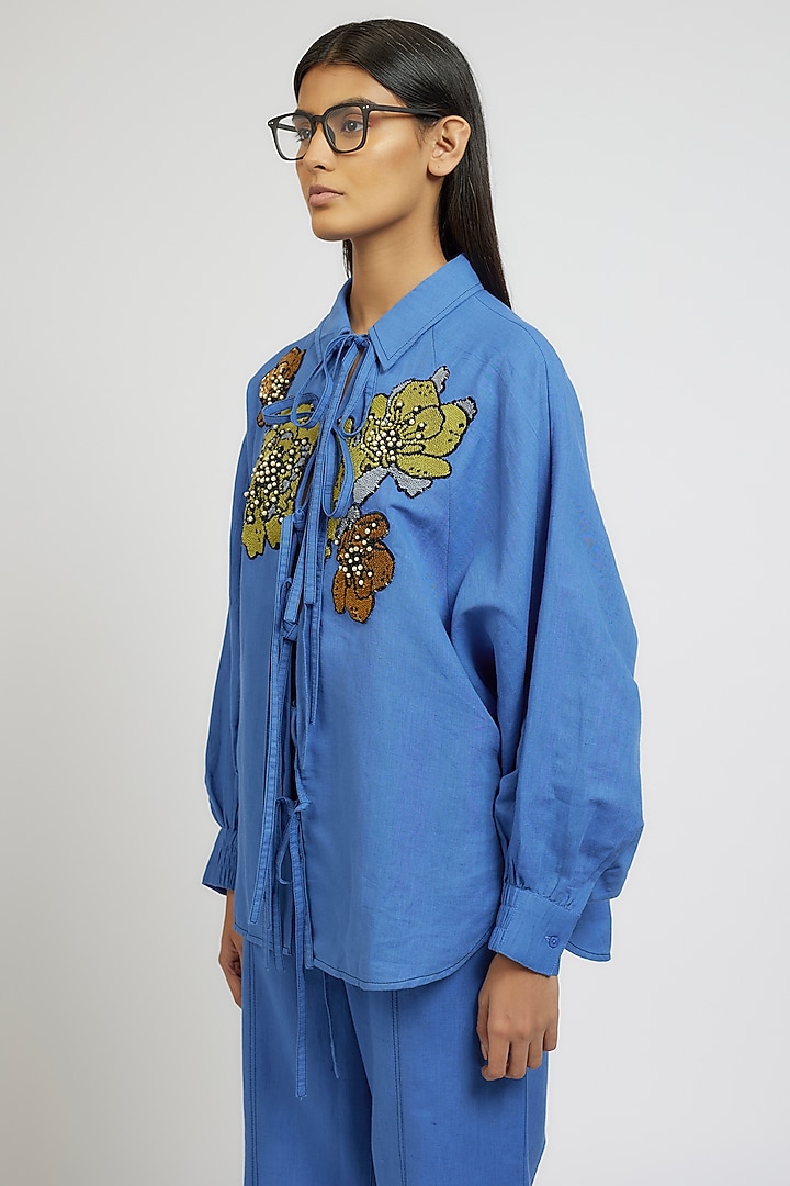 Blue Linen Cotton Floral Hand Embroidered Co-Ord Set by Dhruv Kapoor at Pernia's Pop Up Shop