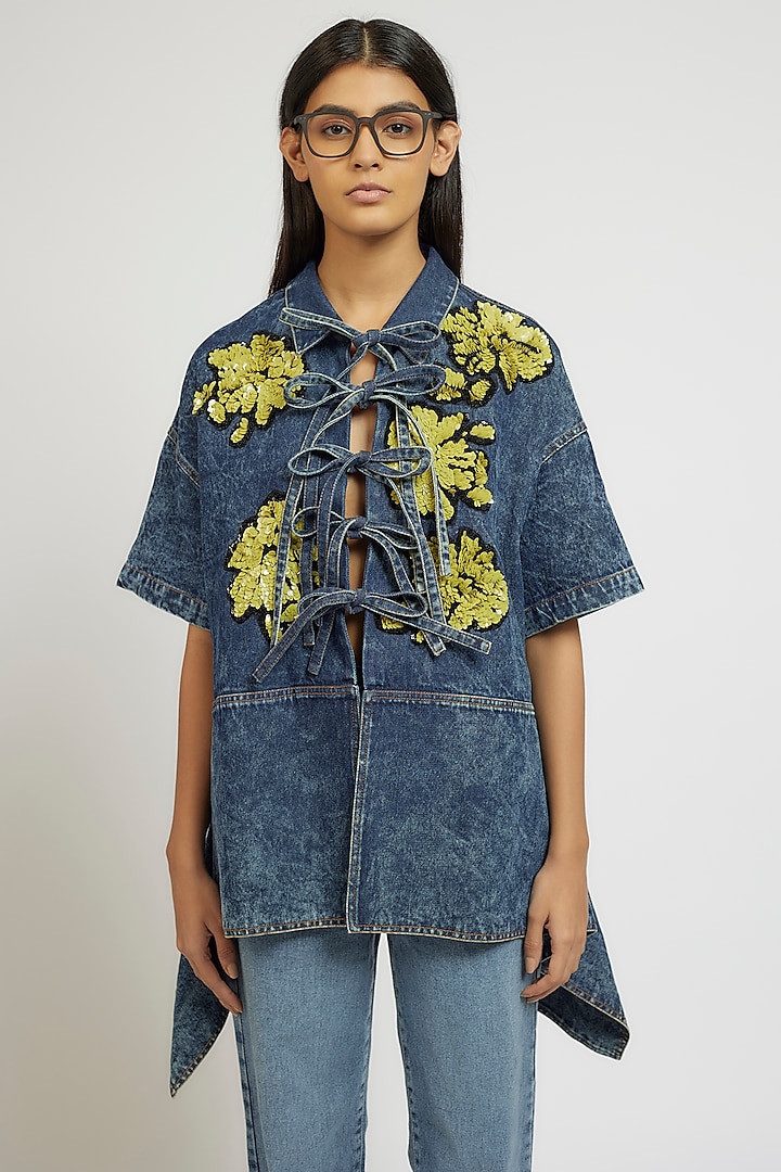 Blue Cotton Hand Embroidered Handcrafted Shirt by Dhruv Kapoor at Pernia's Pop Up Shop