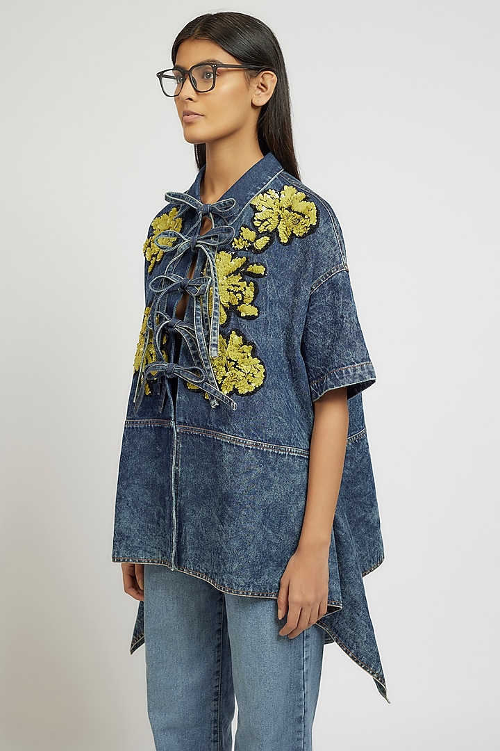 Blue Cotton Hand Embroidered Handcrafted Shirt by Dhruv Kapoor at Pernia's Pop Up Shop