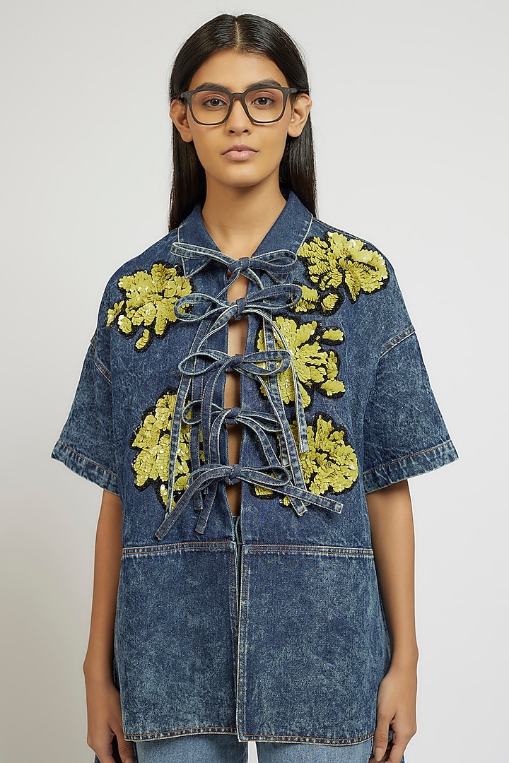 Blue Cotton Hand Embroidered Handcrafted Shirt by Dhruv Kapoor at Pernia's Pop Up Shop