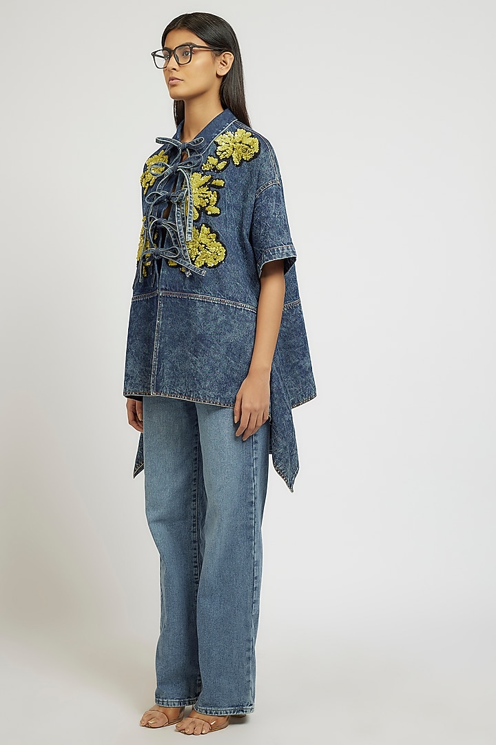 Blue Cotton Hand Embroidered Handcrafted Shirt by Dhruv Kapoor at Pernia's Pop Up Shop