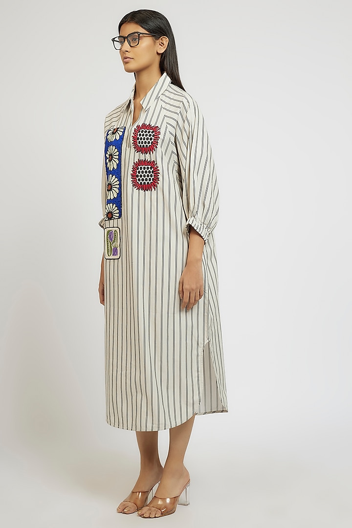 Multi-Colored Cotton Digital Printed & Hand Embroidered Midi Shirt Dress by Dhruv Kapoor at Pernia's Pop Up Shop