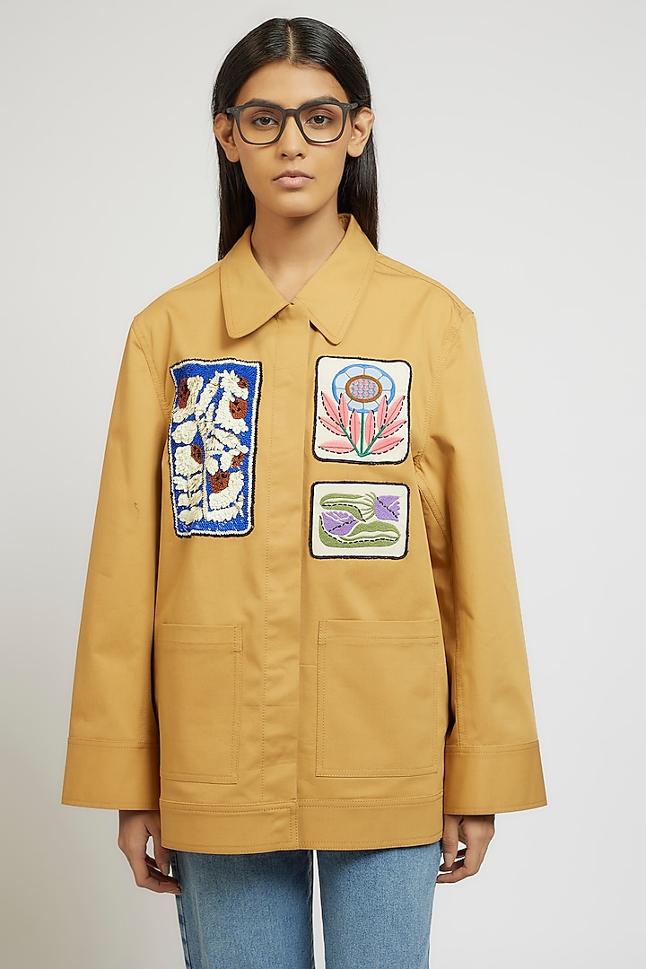 Yellow Cotton Hand & Machine Embroidered Oversized Jacket by Dhruv Kapoor at Pernia's Pop Up Shop