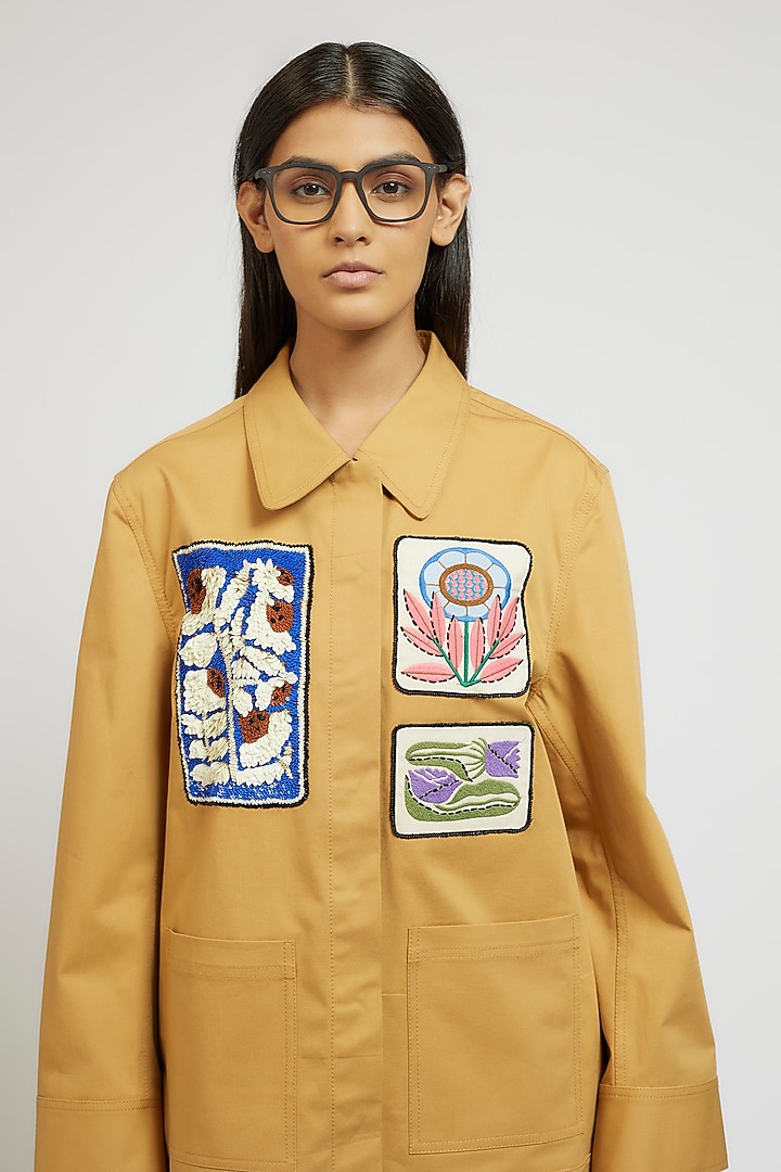 Yellow Cotton Hand & Machine Embroidered Oversized Jacket by Dhruv Kapoor at Pernia's Pop Up Shop