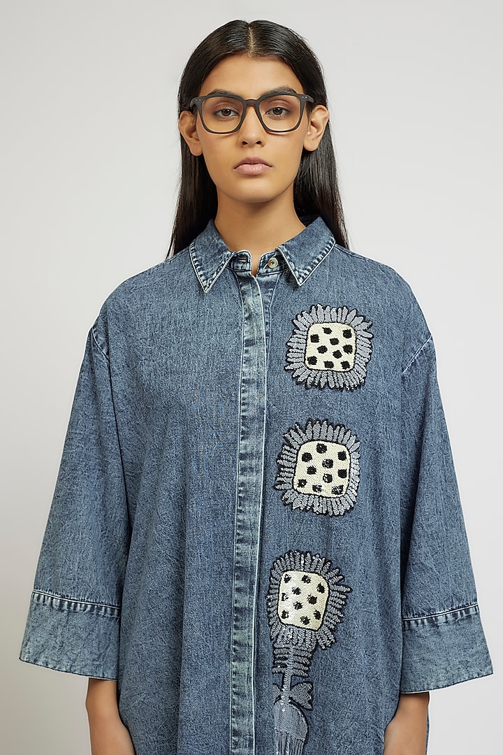 Blue Cotton Hand Embroidered Handcrafted Acid Washed Denim Cocktail Shirt  Dress by Dhruv Kapoor at Pernia's Pop Up Shop