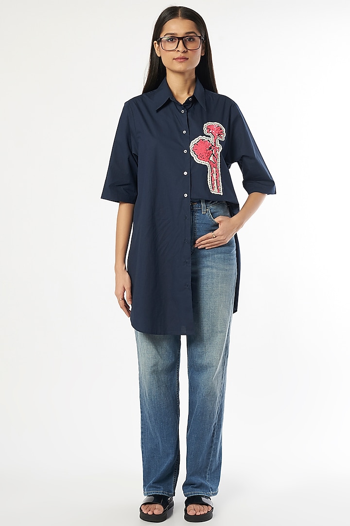 Navy Blue Hand Embroidered Shirt by Dhruv Kapoor