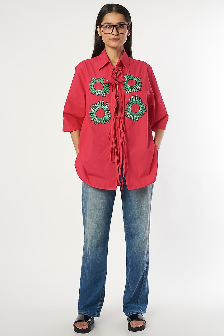 Cherry Red Hand Embroidered Shirt by Dhruv Kapoor
