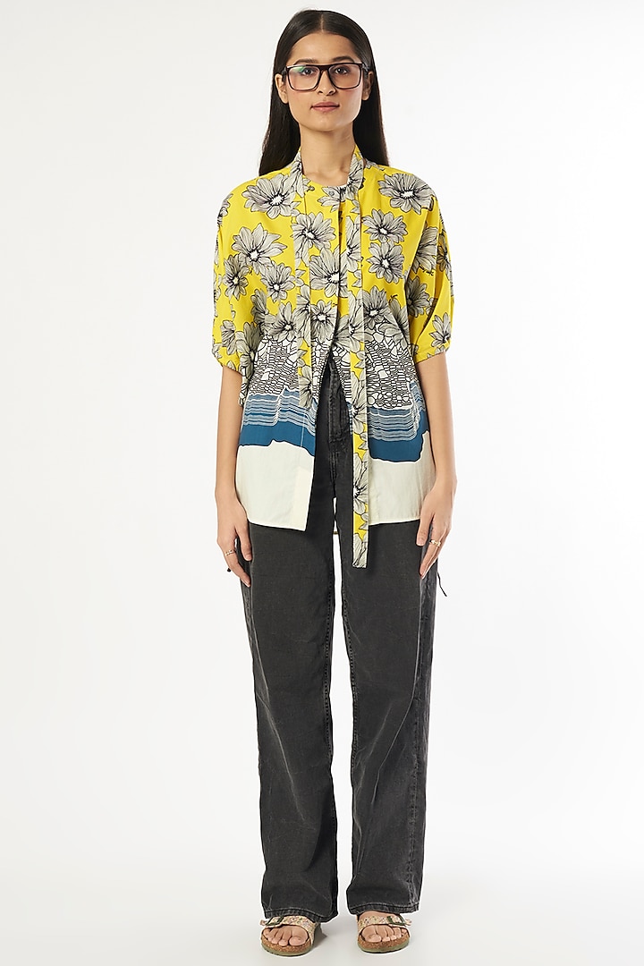 Pale Yellow & Cobalt Blue Printed Shirt by Dhruv Kapoor