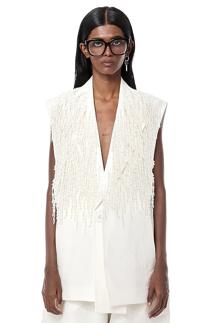Natural White Linen Handcrafted Blazer by Dhruv Kapoor at Pernia's Pop Up Shop
