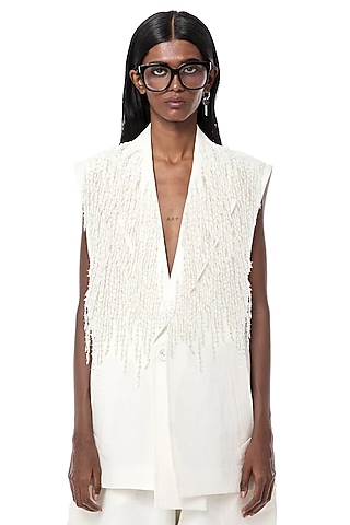 Natural White Linen Handcrafted Blazer by Dhruv Kapoor