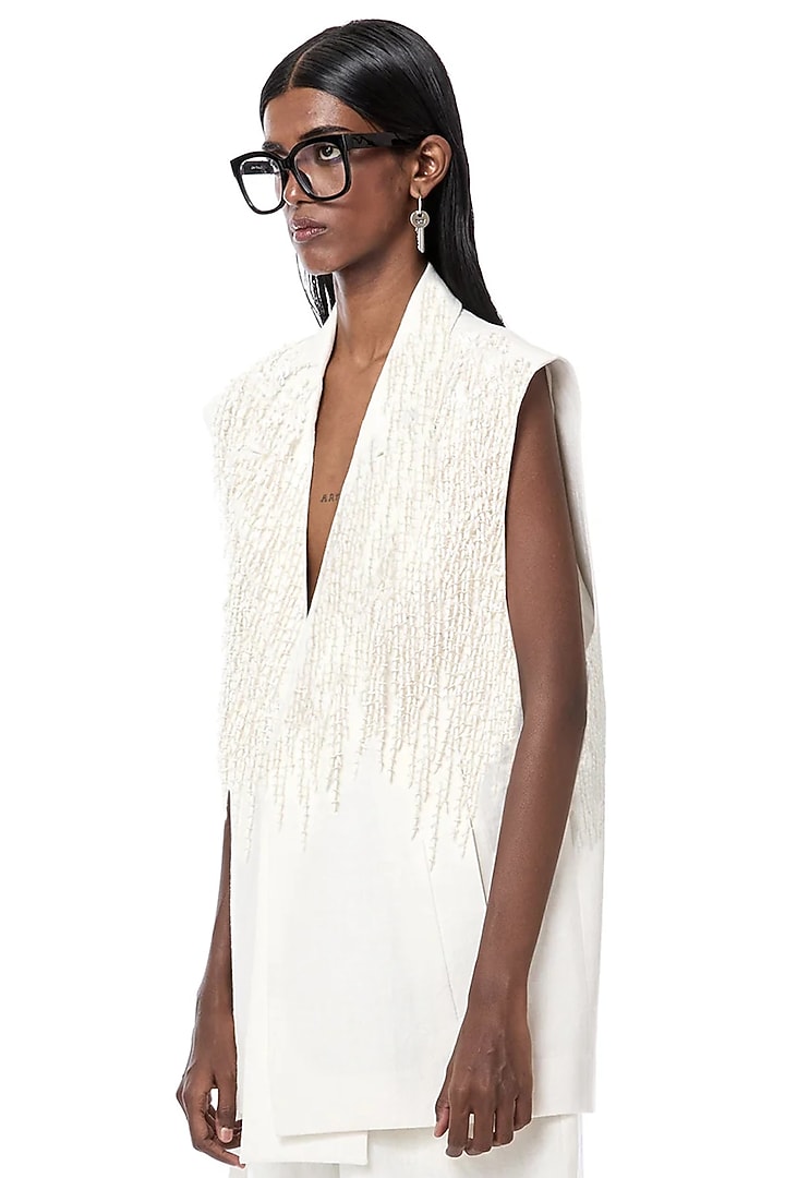 Natural White Linen Handcrafted Blazer by Dhruv Kapoor at Pernia's Pop Up Shop