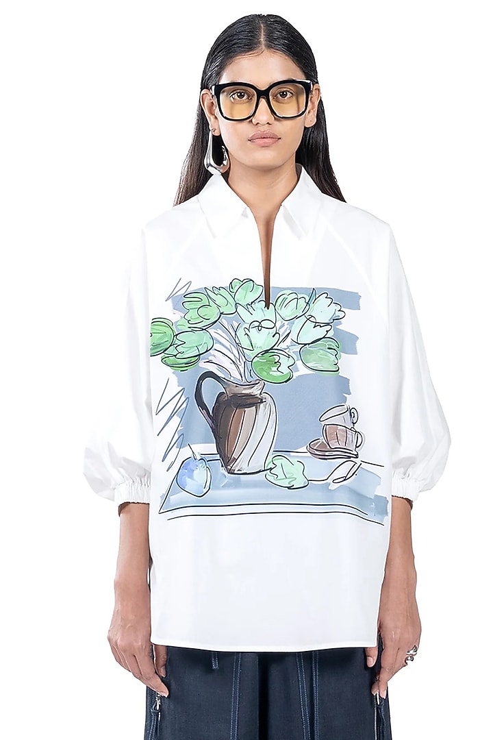 Natural White Cotton Printed Oversized Shirt by Dhruv Kapoor at Pernia's Pop Up Shop