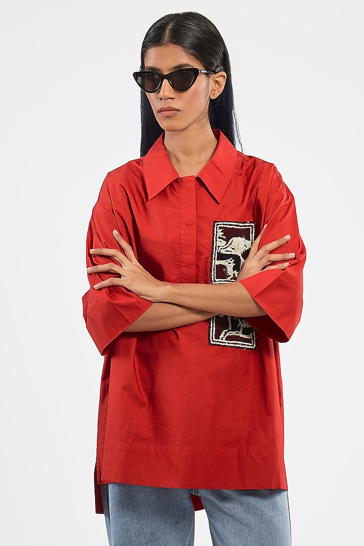 Red Cotton Handcrafted Oversized Shirt by Dhruv Kapoor at Pernia's Pop Up Shop