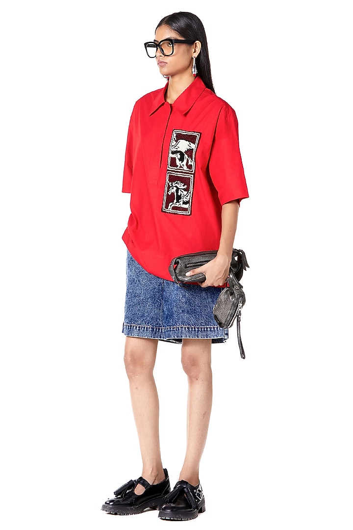 Red Cotton Handcrafted Shirt by Dhruv Kapoor at Pernia's Pop Up Shop