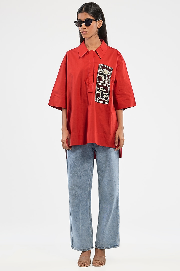 Red Cotton Handcrafted Shirt by Dhruv Kapoor at Pernia's Pop Up Shop