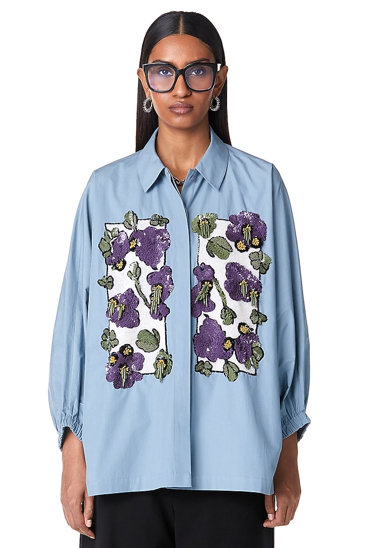 Dusty Blue Cotton Handcrafted Shirt by Dhruv Kapoor at Pernia's Pop Up Shop