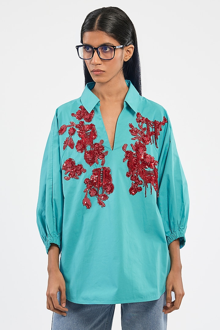 Turquoise Blue Cotton Handcrafted Oversized Shirt by Dhruv Kapoor at Pernia's Pop Up Shop