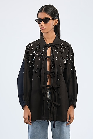 Black Cotton Lycra Handcrafted Denim Jacket by Dhruv Kapoor