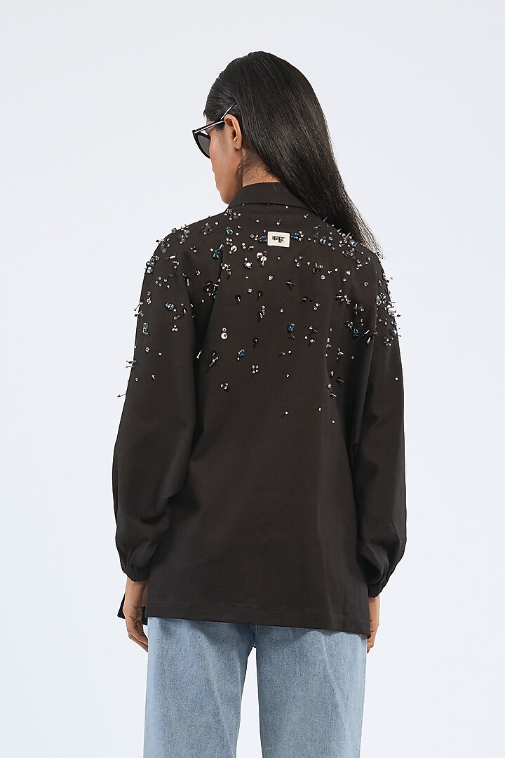 Black Cotton Lycra Handcrafted Denim Jacket by Dhruv Kapoor at Pernia's Pop Up Shop