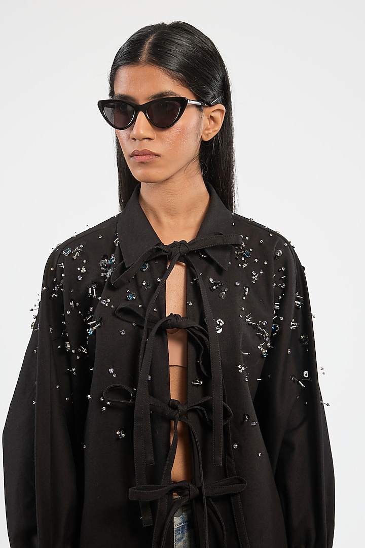 Black Cotton Lycra Handcrafted Denim Jacket by Dhruv Kapoor at Pernia's Pop Up Shop