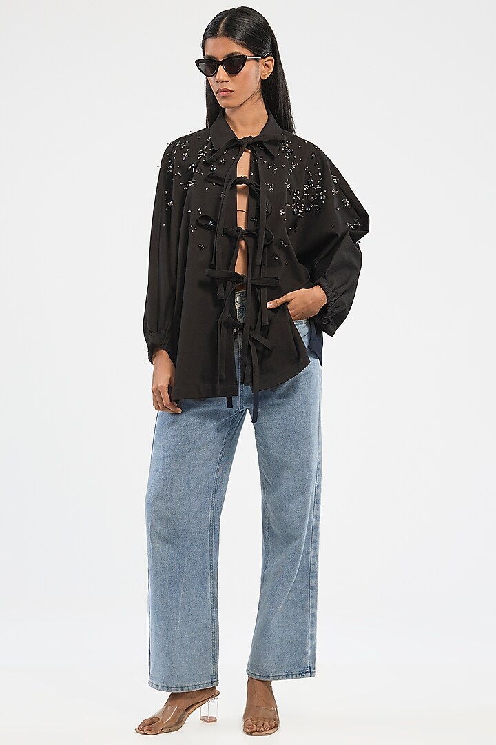 Black Cotton Lycra Handcrafted Denim Jacket by Dhruv Kapoor at Pernia's Pop Up Shop