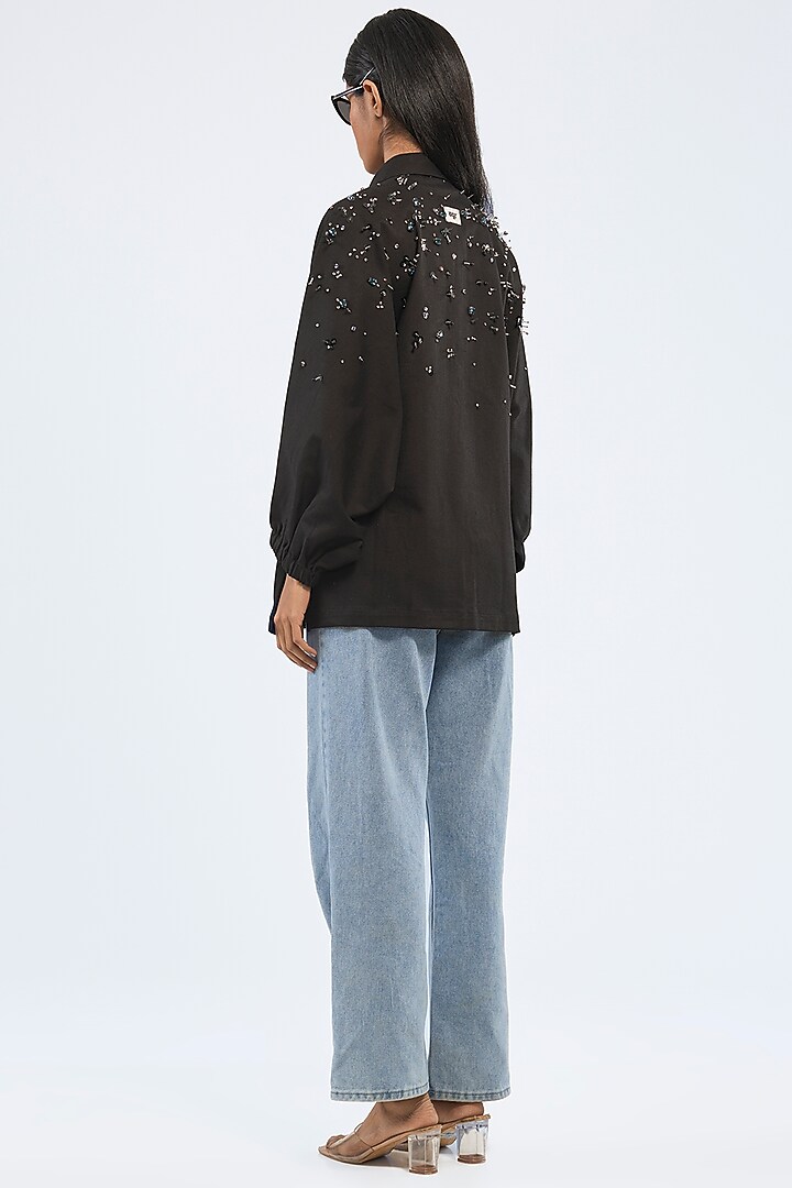 Black Cotton Lycra Handcrafted Denim Jacket by Dhruv Kapoor at Pernia's Pop Up Shop