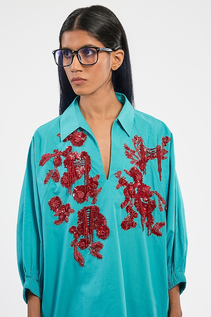 Turquoise Blue Cotton Handcrafted Co-Ord Set by Dhruv Kapoor at Pernia's Pop Up Shop