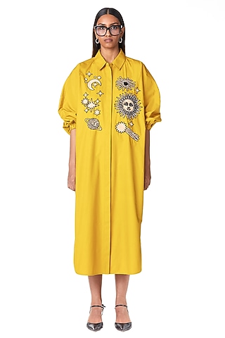 Rust Yellow Cotton Batwing Handcrafted Dress by Dhruv Kapoor