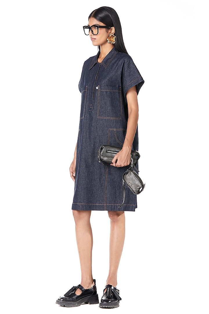 Blue Cotton Denim Short Vacation Dress by Dhruv Kapoor at Pernia's Pop Up Shop