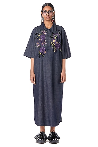 Blue Cotton Handcrafted Denim Shirt Dress by Dhruv Kapoor