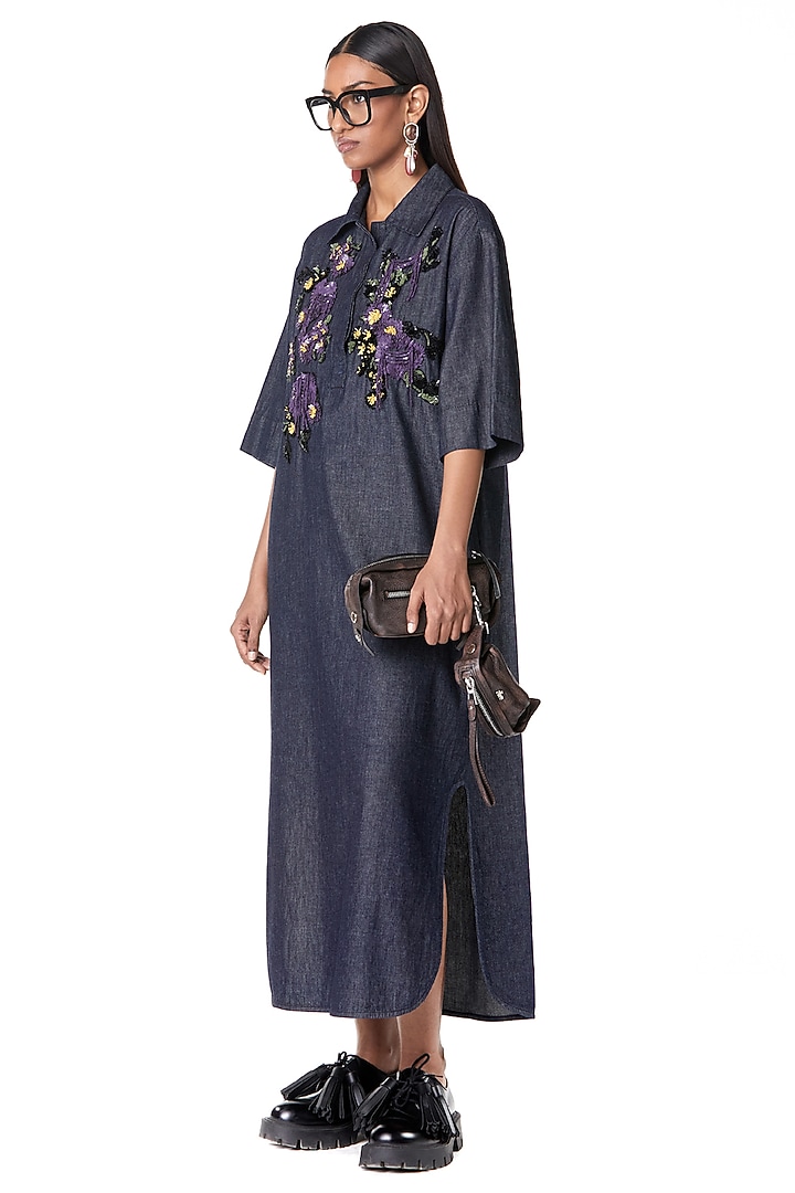 Blue Cotton Handcrafted Denim Cocktail Shirt Dress by Dhruv Kapoor at Pernia's Pop Up Shop