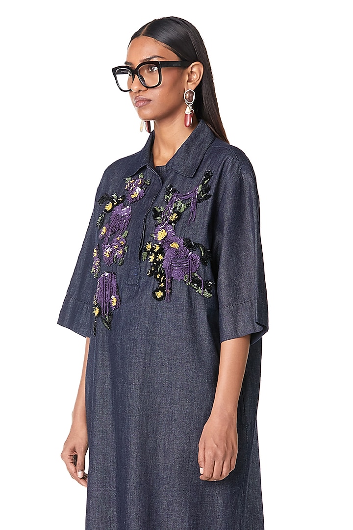 Blue Cotton Handcrafted Denim Cocktail Shirt Dress by Dhruv Kapoor at Pernia's Pop Up Shop