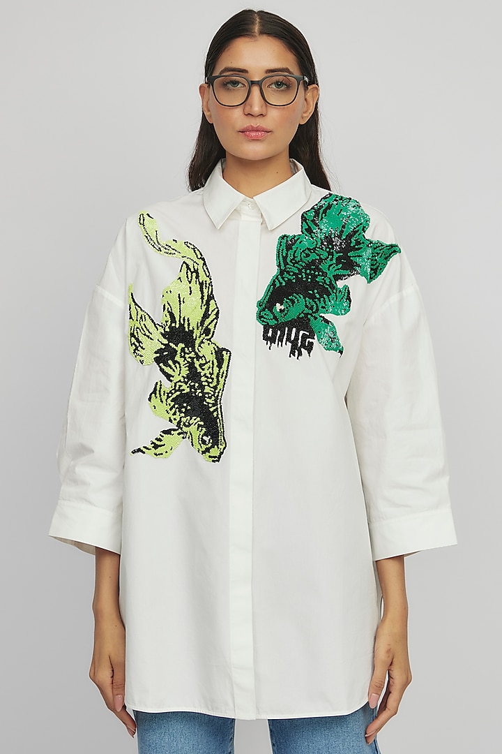 White Cotton Hand Embroidered Shirt by Dhruv Kapoor